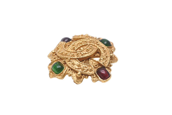 CHANEL Colored Stone Gold Brooch 94A Green Red Gold Hardware Accessory Good Condition Used 61781