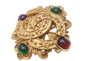 CHANEL Colored Stone Gold Brooch 94A Green Red Gold Hardware Accessory Good Condition Used 61781