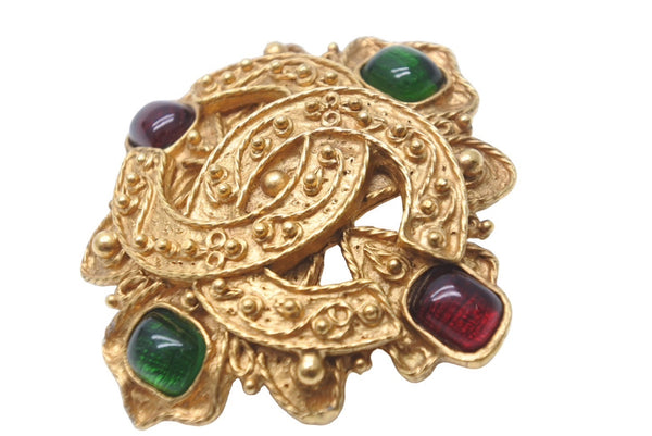 CHANEL Colored Stone Gold Brooch 94A Green Red Gold Hardware Accessory Good Condition Used 61781