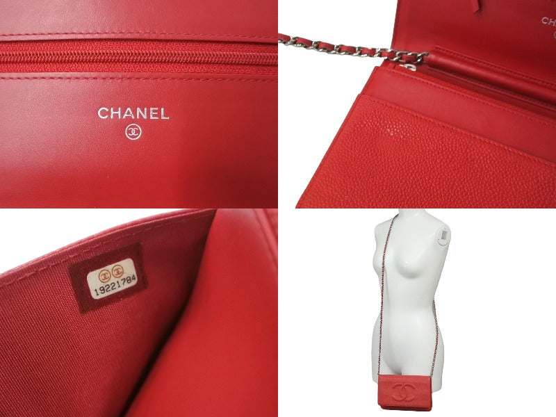 CHANEL シャネル 長財布 チェーンウォレット フラップ 19番台 キャビアスキン レッド系 シルバー金具 美品 中古 61810 –  Casanova Vintage