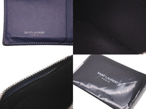 SAINT LAURENT PARIS サンローランパリ フラグメントジップケース カードケース ロゴ型押し 刻印 牛革 ネイビー 良品 中古 61907