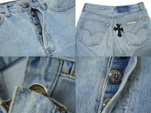 画像をギャラリービューアに読み込む, CHROME HEARTS クロムハーツ クロスパッチ デニムパンツ ブルー ブラック ダメージ シルバー金具 サイズ27 美品 中古 62061