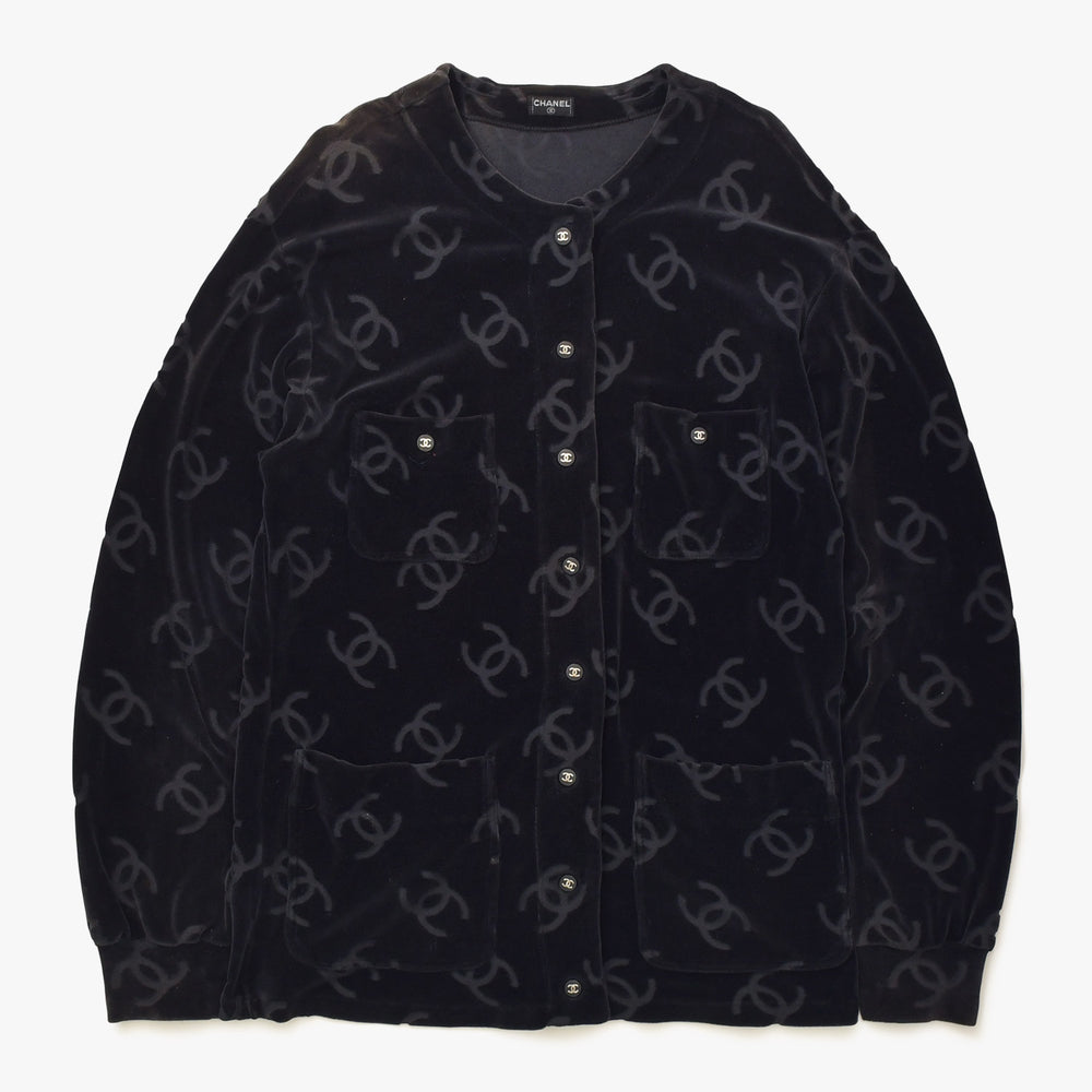 CHANEL シャネル ジャケット カーディガン ヴィンテージ ココマーク ココボタン ベロア ブラック シルバー金具 40 良品 中古 4c061493