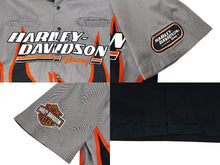 画像をギャラリービューアに読み込む, HARLEY DAVIDSON ハーレーダビッドソン 刺繍 半袖オープンカラーシャツ ファイヤーパターン グレー ブラック サイズS 美品 中古 4b006221