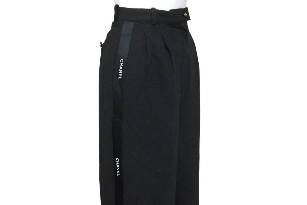 CHANEL Side Ribbon Pants Ribbon Tape Logo Here Mark Button Size 36 Black Good Condition Used 62531