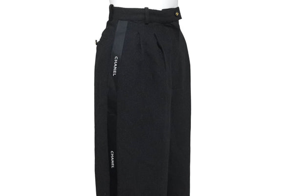 CHANEL Side Ribbon Pants Ribbon Tape Logo Here Mark Button Size 36 Black Good Condition Used 62531