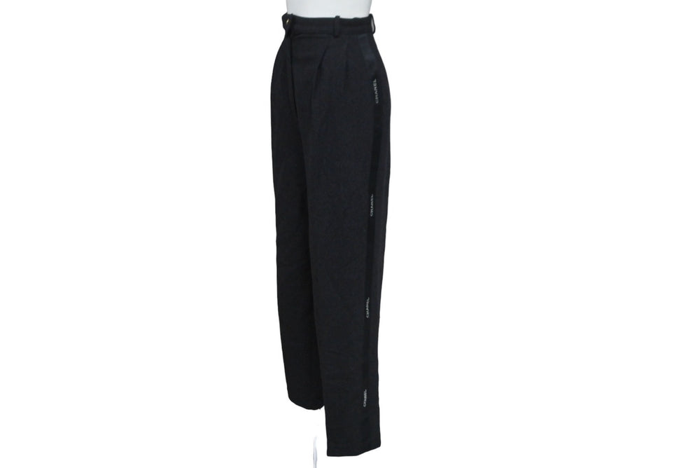CHANEL Side Ribbon Pants Ribbon Tape Logo Here Mark Button Size 36 Black Good Condition Used 62531