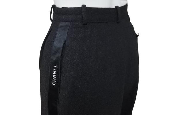 CHANEL Side Ribbon Pants Ribbon Tape Logo Here Mark Button Size 36 Black Good Condition Used 62531