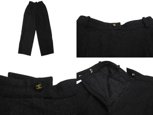 CHANEL Side Ribbon Pants Ribbon Tape Logo Here Mark Button Size 36 Black Good Condition Used 62531