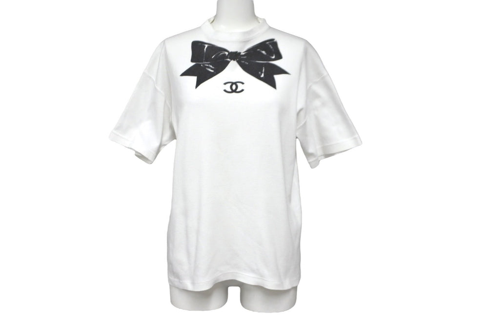 CHANEL シャネル ココマーク リボンプリント 半袖Ｔシャツ ホワイト ブラック 品質タグなし 美品 中古 62533