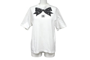 CHANEL Coco Mark Ribbon Print Short Sleeve T-shirt White Black No Quality Tag Good Condition Used 62533