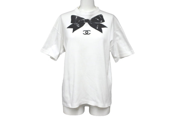 CHANEL Coco Mark Ribbon Print Short Sleeve T-shirt White Black No Quality Tag Good Condition Used 62533