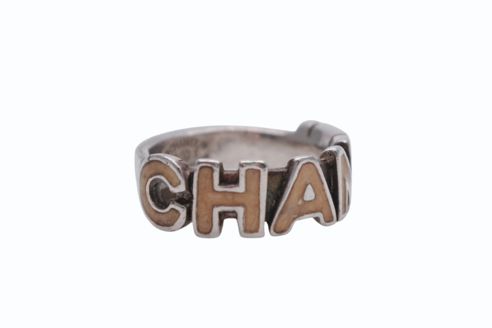 CHANEL Round Logo Ring 00T Engraved Size 11.5 4.2g Silver Ivory Good Condition Used 62582