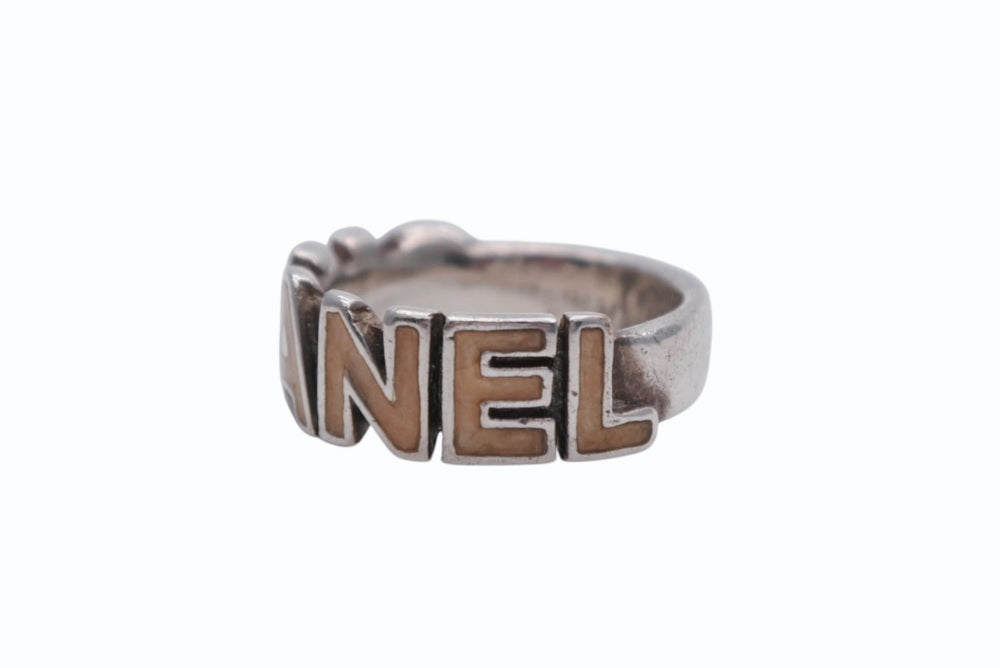 CHANEL Round Logo Ring 00T Engraved Size 11.5 4.2g Silver Ivory Good Condition Used 62582