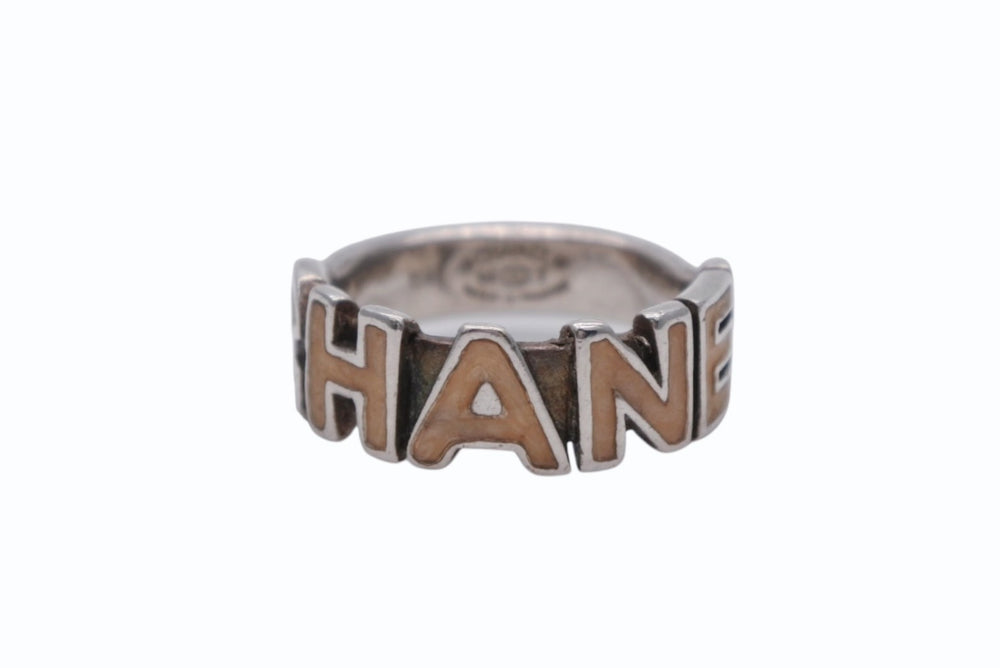 CHANEL Round Logo Ring 00T Engraved Size 11.5 4.2g Silver Ivory Good Condition Used 62582