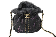 画像をギャラリービューアに読み込む, 極美品 CHANEL シャネル 巾着ミニ チェーンショルダーバッグ ランダム デニム ブラックパープル ゴールド金具 中古 62698