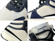画像をギャラリービューアに読み込む, CHANEL シャネル ファブリック レザー ハイカットスニーカー サイズ41 G38804 Y55747 K3966 ホワイト ネイビー 良品 中古 62953