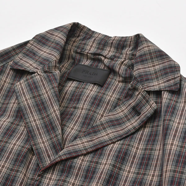 極美品 PRADA プラダ チェック柄トレンチ シャツコート SGC214 ブラック レッド グレー 46サイズ トライアングルロゴ 美品 中古 4a006346
