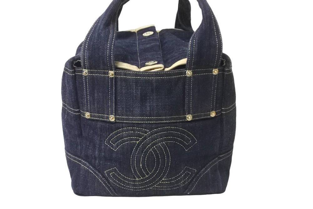 CHANEL シャネル スパークリングデニム ココマーク ハンドバッグ A31985 10番台 インディゴ ネイビー ゴールド金具 美品 中古 63477