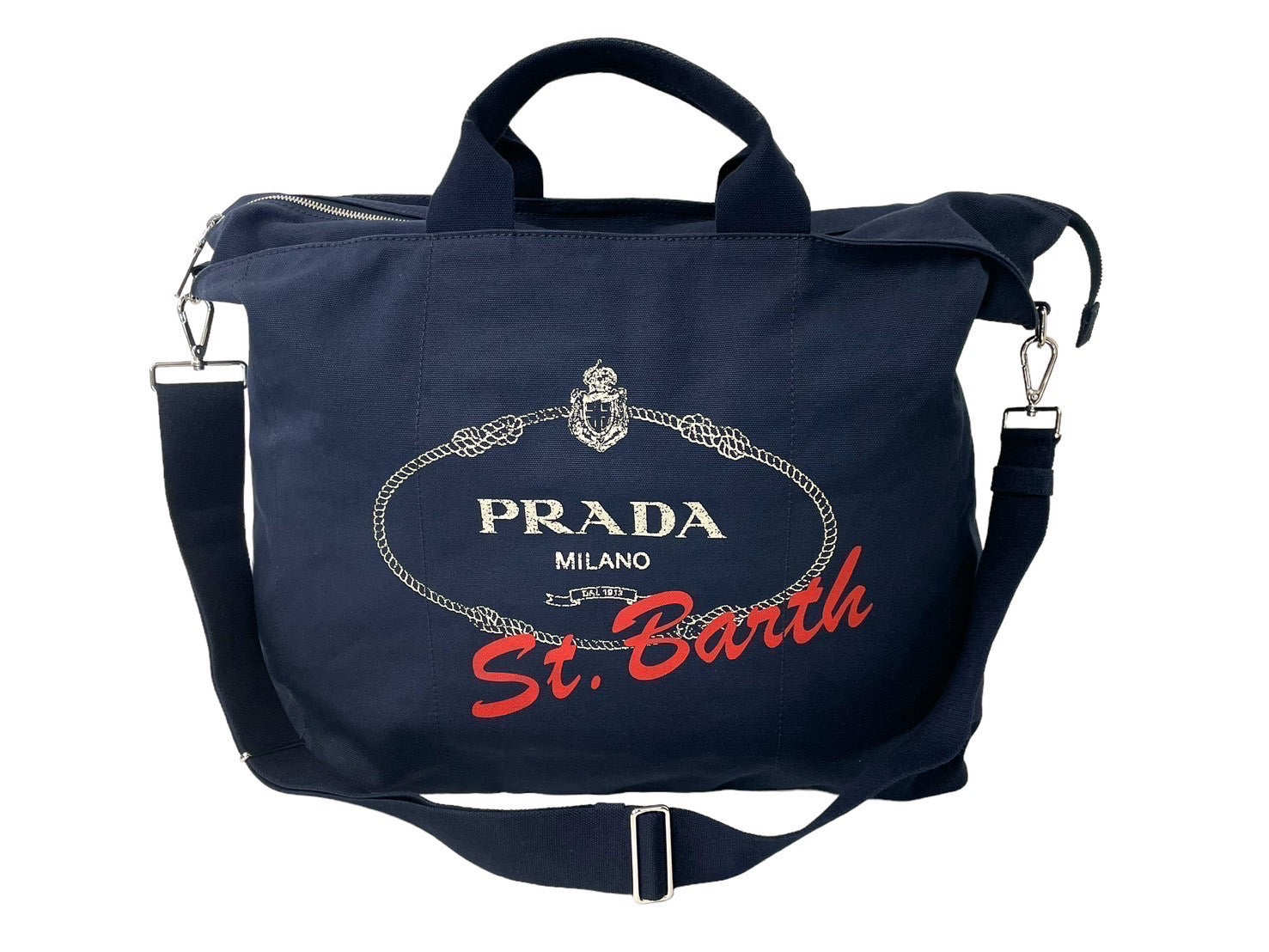 PRADA プラダ 2WAY トートバッグ カナパ 限定 2VG022 コットンキャンバス ネイビー シルバー金具 美品 中古 63492 –  Casanova Vintage