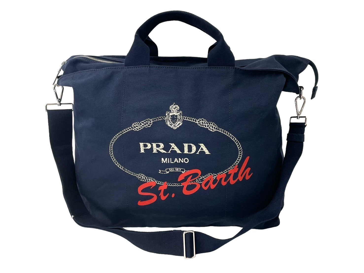 PRADA プラダ 2WAY トートバッグ カナパ 限定 2VG022 コットンキャンバス ネイビー シルバー金具 美品 中古 63492 –  Casanova Vintage