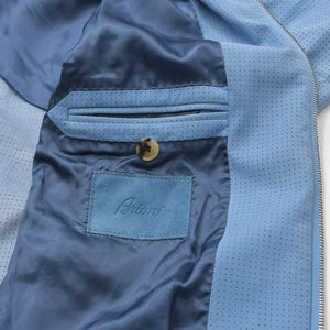 BRIONI ブリオーニ パフォーテッド レザージャケット PLH900 46サイズ ライトブルー アウター パンチング加工 シルバー金具 美品 中古 4a006353