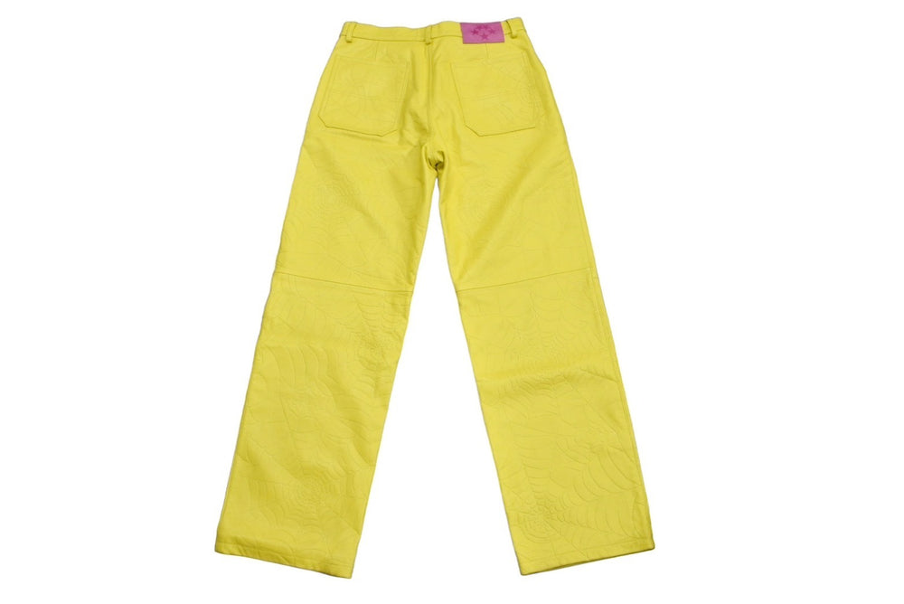 Sp5der スパイダー デボスウェブ レザーパンツ 24SS サイズ32 イエロー Young Thug 革 エンボス加工 美品 中古 63585