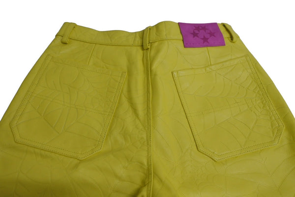 Sp5der Spider Debossed Web Leather Pants 24SS Size 32 Yellow Young Thug Leather Embossed Good Condition Used 63585