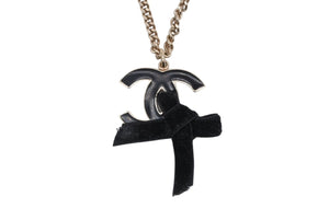 CHANEL シャネル ココマーク リボン ネックレス 重量約20.8g メタル ブラック ゴールド 美品 中古 63674