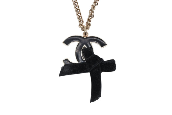 CHANEL シャネル ココマーク リボン ネックレス 重量約20.8g メタル ブラック ゴールド 美品 中古 63674