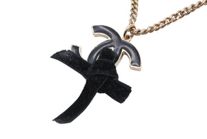 CHANEL シャネル ココマーク リボン ネックレス 重量約20.8g メタル ブラック ゴールド 美品 中古 63674