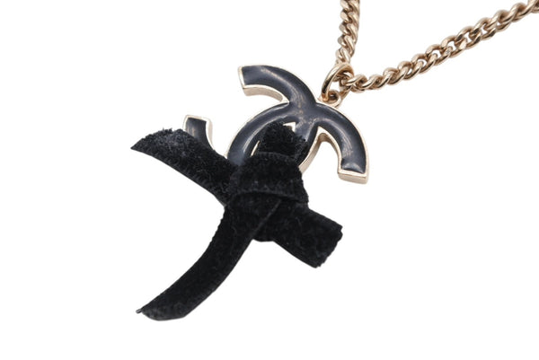 CHANEL シャネル ココマーク リボン ネックレス 重量約20.8g メタル ブラック ゴールド 美品 中古 63674