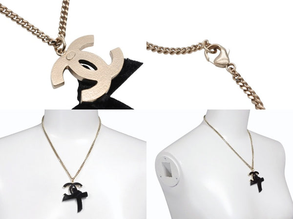 CHANEL シャネル ココマーク リボン ネックレス 重量約20.8g メタル ブラック ゴールド 美品 中古 63674