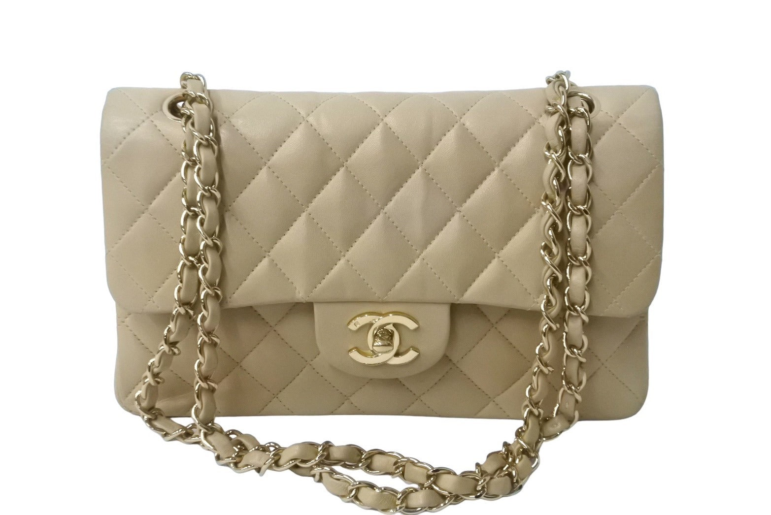 CHANEL シャネル マトラッセWフラップチェーンショルダーバッグ 8番台 ラムスキン 23cm ベージュ 新革 ゴールド金具 中古 63721 –  Casanova Vintage