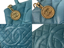 画像をギャラリービューアに読み込む, CHANEL シャネル 復刻トート 7番台 ハンドバッグ ココマーク キャビアスキン ターコイズブルー シルバー金具 美品 中古 63735