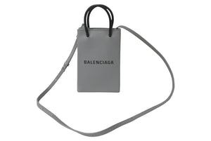 極美品 BALENCIAGA バレンシアガ ショルダーバッグ ショッピング フォンホルダーバッグ グレー レザー 593826 シルバー金具 中古 63957