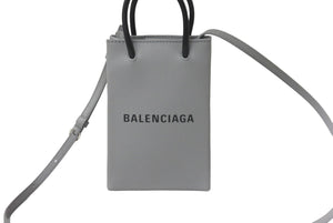 極美品 BALENCIAGA バレンシアガ ショルダーバッグ ショッピング フォンホルダーバッグ グレー レザー 593826 シルバー金具 中古 63957