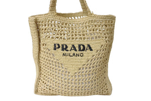 極美品 PRADA プラダ RAFIA ラフィア トートバッグ カゴバッグ ストロー ウィッカー イタリア製 ベージュ ブラック 中古 63959