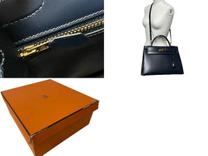 HERMES エルメス ケリー32 外縫い ネイビー ○X刻印 カーフスキン ゴールド金具 ハンドバッグ 2WAY 美品 中古4c063400
