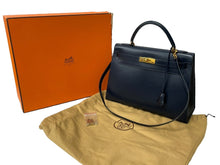 Load image into Gallery viewer, HERMES エルメス ケリー32 外縫い ネイビー ○X刻印 カーフスキン ゴールド金具 ハンドバッグ 2WAY 美品 中古4c063400