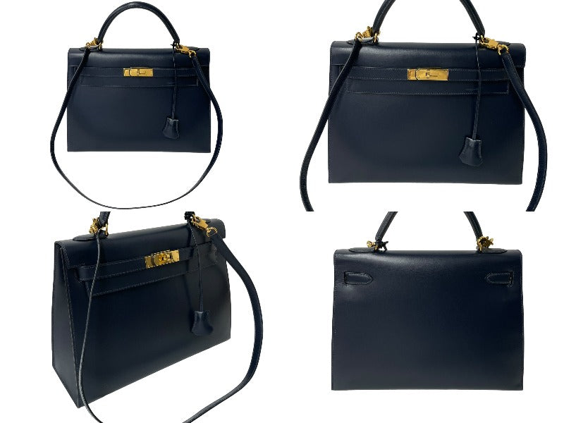 HERMES エルメス ケリー32 外縫い ネイビー ○X刻印 カーフスキン ゴールド金具 ハンドバッグ 2WAY 美品 中古4c063400