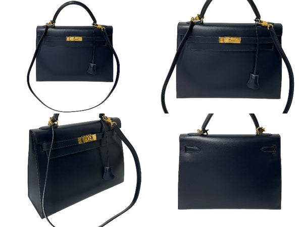 HERMES エルメス ケリー32 外縫い ネイビー ○X刻印 カーフスキン ゴールド金具 ハンドバッグ 2WAY 美品 中古4c063400
