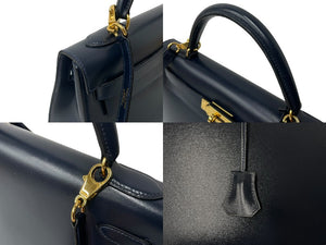 HERMES エルメス ケリー32 外縫い ネイビー ○X刻印 カーフスキン ゴールド金具 ハンドバッグ 2WAY 美品 中古4c063400