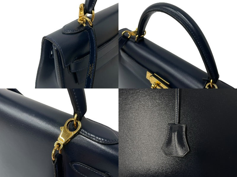 HERMES エルメス ケリー32 外縫い ネイビー ○X刻印 カーフスキン ゴールド金具 ハンドバッグ 2WAY 美品 中古4c063400