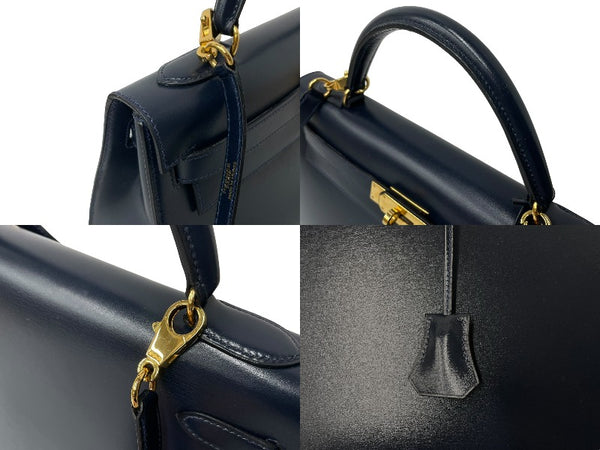 HERMES エルメス ケリー32 外縫い ネイビー ○X刻印 カーフスキン ゴールド金具 ハンドバッグ 2WAY 美品 中古4c063400