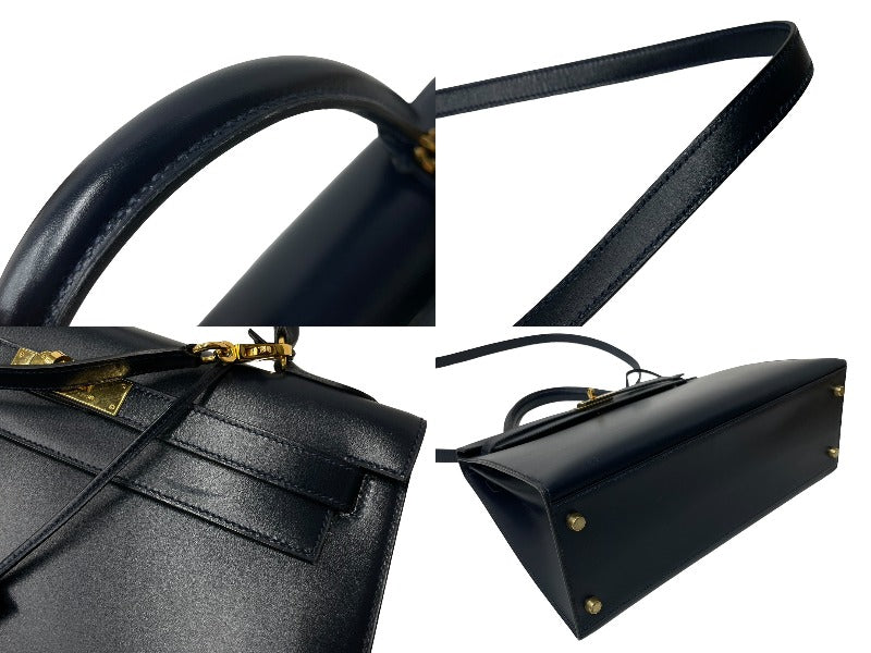 HERMES エルメス ケリー32 外縫い ネイビー ○X刻印 カーフスキン ゴールド金具 ハンドバッグ 2WAY 美品 中古4c063400