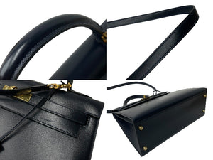 HERMES エルメス ケリー32 外縫い ネイビー ○X刻印 カーフスキン ゴールド金具 ハンドバッグ 2WAY 美品 中古4c063400