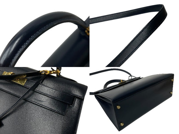 HERMES エルメス ケリー32 外縫い ネイビー ○X刻印 カーフスキン ゴールド金具 ハンドバッグ 2WAY 美品 中古4c063400