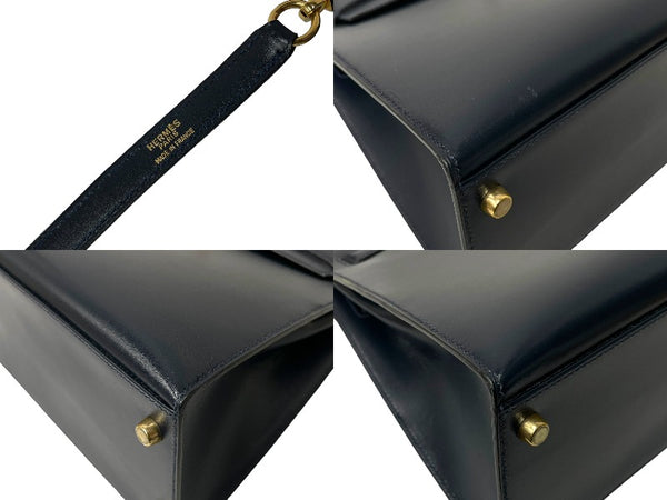 HERMES エルメス ケリー32 外縫い ネイビー ○X刻印 カーフスキン ゴールド金具 ハンドバッグ 2WAY 美品 中古4c063400