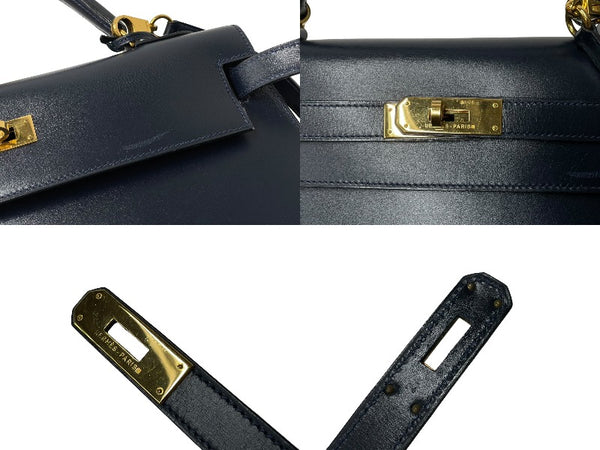 HERMES エルメス ケリー32 外縫い ネイビー ○X刻印 カーフスキン ゴールド金具 ハンドバッグ 2WAY 美品 中古4c063400